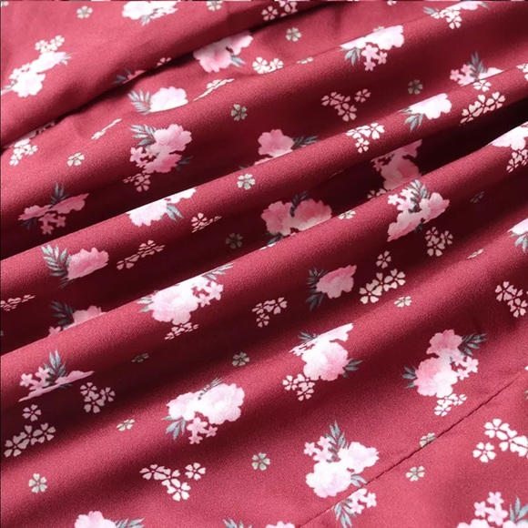 Red wine floral slit summer beach dress - Picture 11 of 15